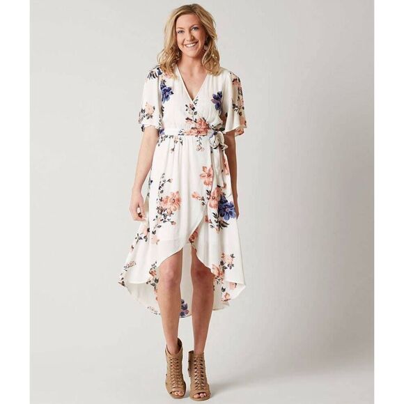 Daytrip Size S Chambray Cabernet Floral Hi- Low Wrap Dress - Picture 1 of 7